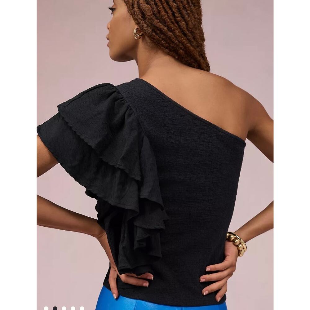 By Anthropologie Ruffled One-Shoulder Top in Black. Size XL - Picture 2 of 6